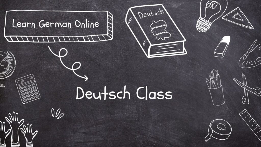 Learn German online with doodles on a chalkboard. Enhance your German learning experience through engaging visual aids.