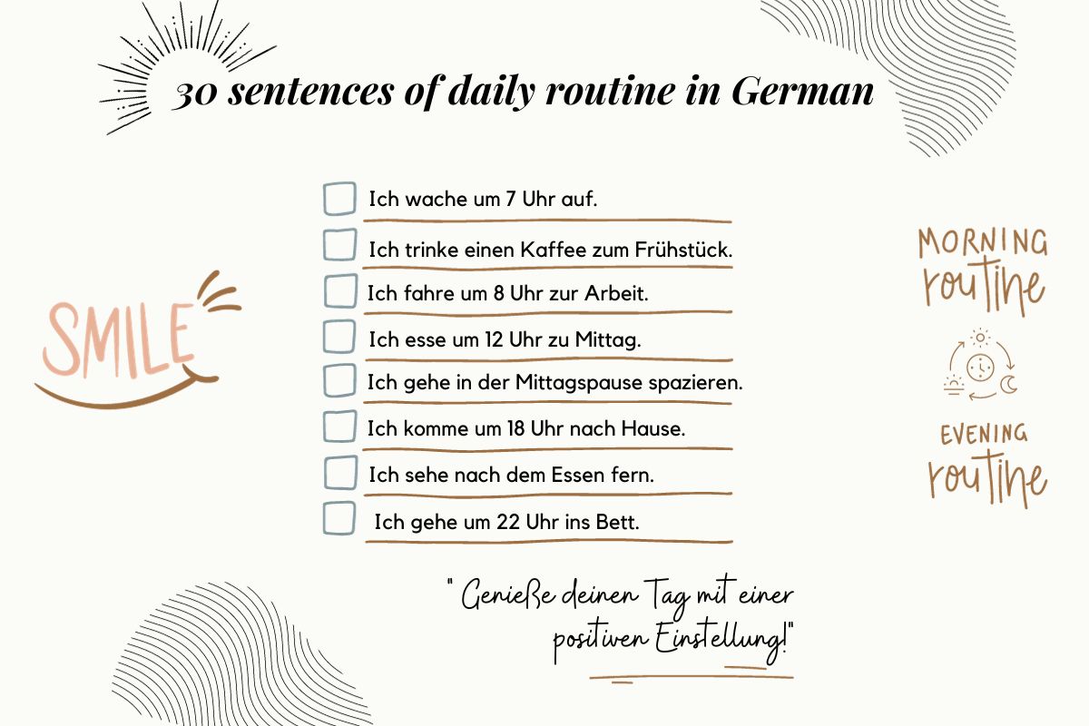 Learn German online with this extensive collection of 30 sentences describing daily routines in German. Perfect for beginners, this resource allows you to immerse yourself in the language and develop your German learning skills from the